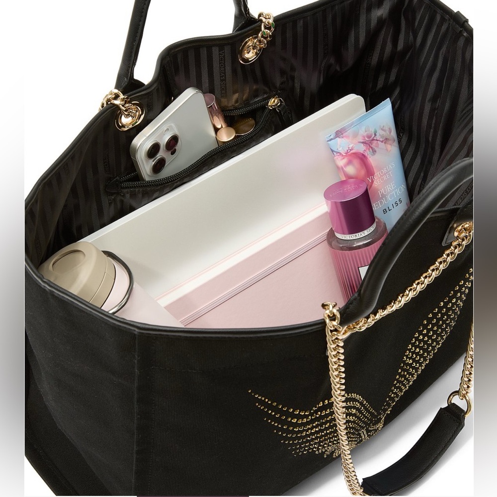 VS FASHION SHOW 2025 BACKSTAGE DOUBLE HANDLE TOTE BLACK/GOLD RHINESTONES LOGO - Picture 4 of 5